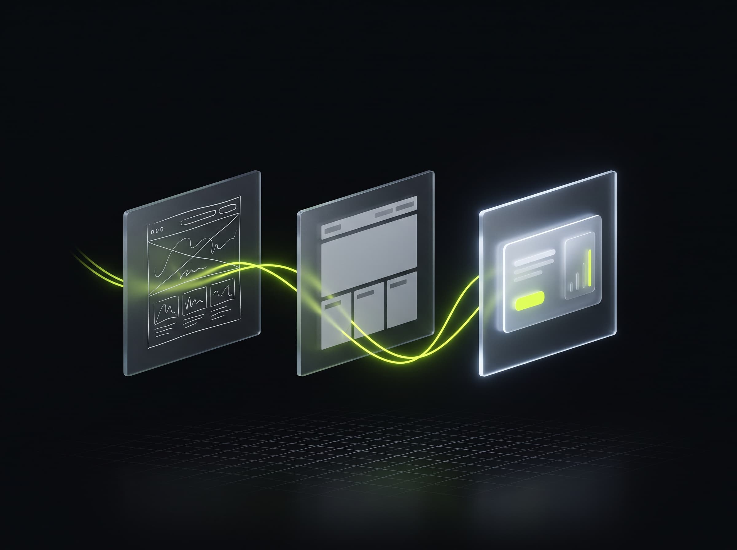 Three glass panels showing a design evolving from wireframe sketch to finished interface, linked by a volt flow line