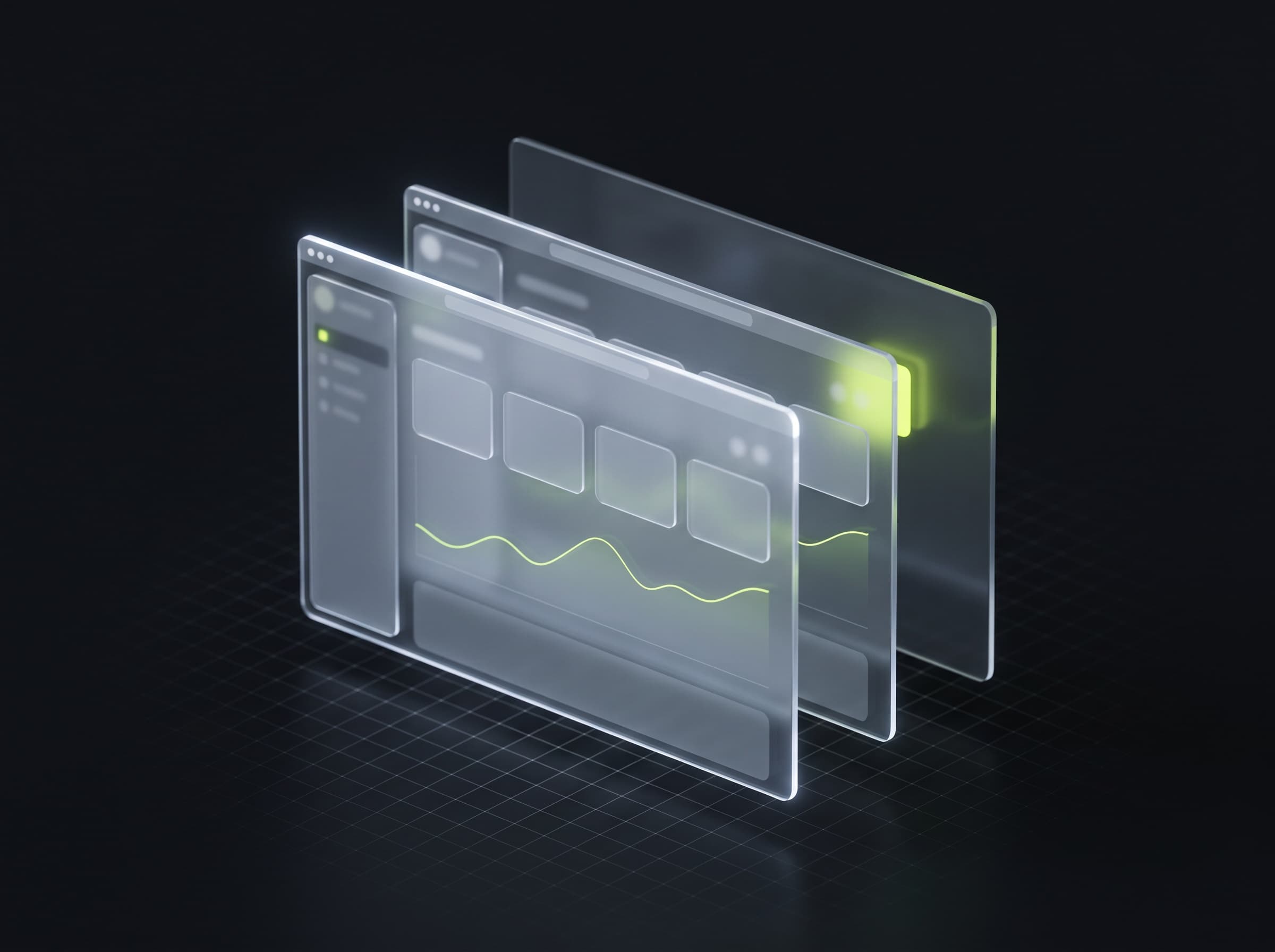 Layered frosted-glass browser windows showing a web app interface, lit with a volt green accent