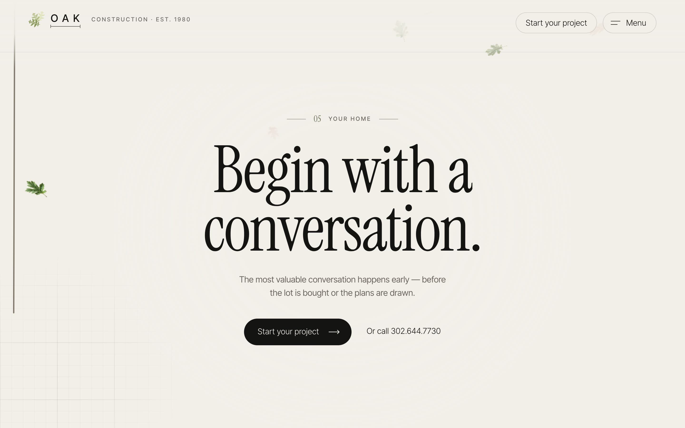 The closing invitation, “Begin with a conversation,” set large on a warm paper background.