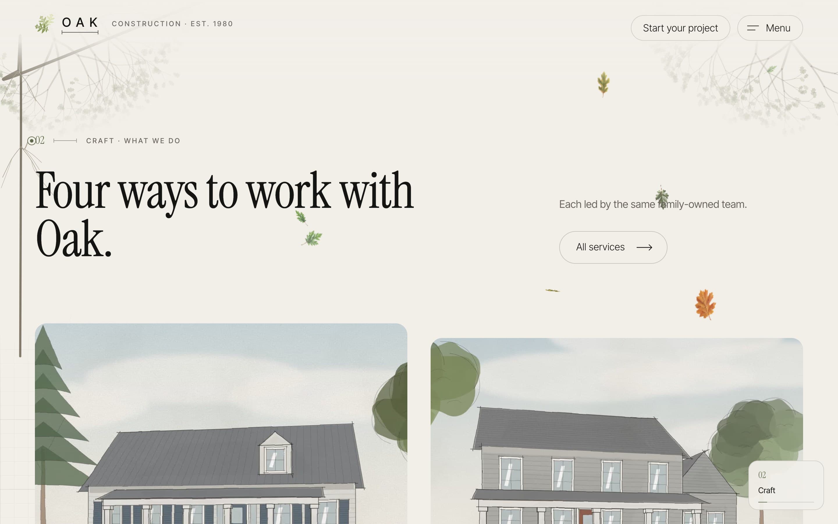 “Four ways to work with Oak.” Service cards with illustrated homes on a paper background.