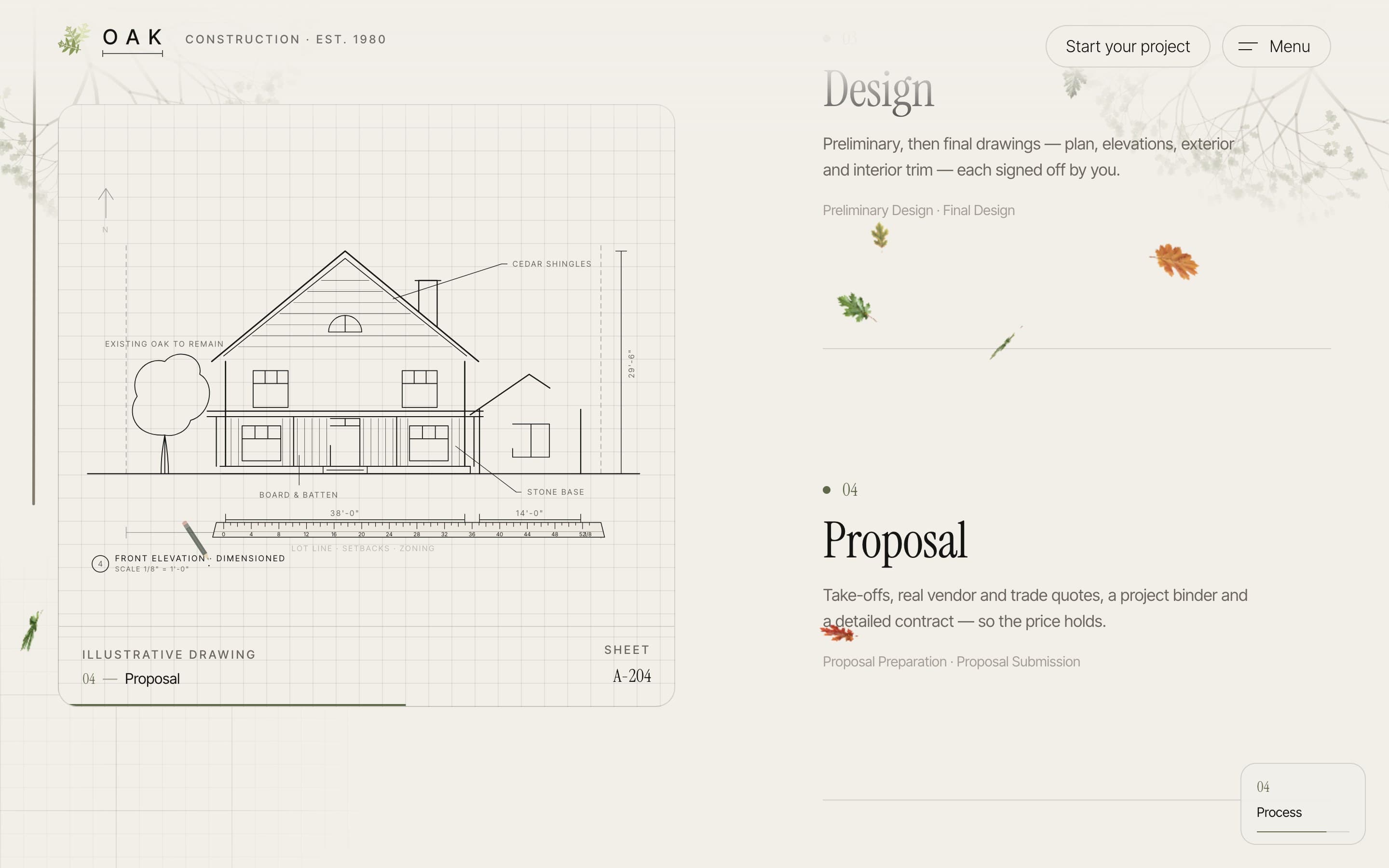 An architect-style elevation drawing of a house with a sheet title block, beside the “Design” and “Proposal” phases.