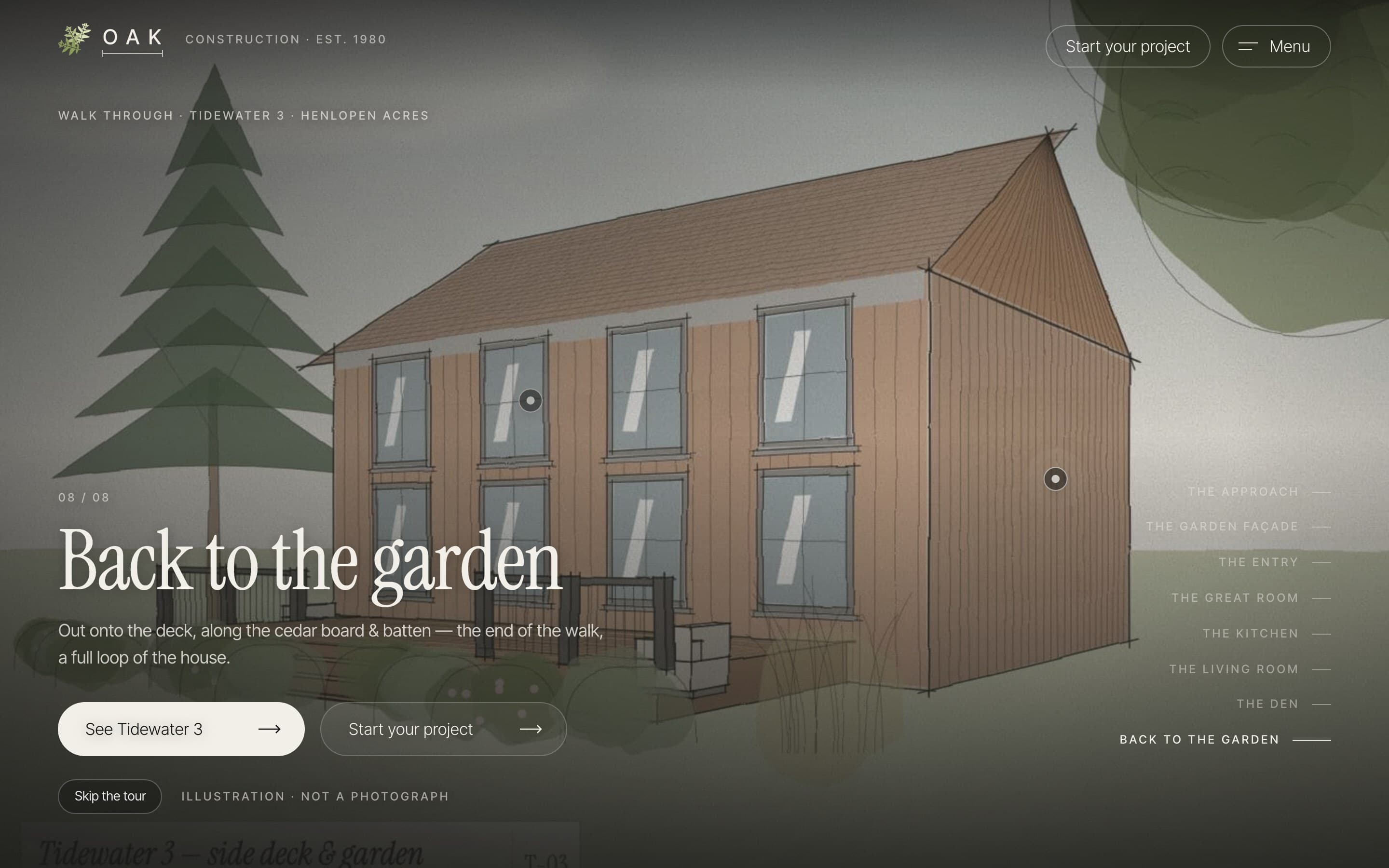 The walkthrough's last chapter, “Back to the garden,” an illustrated cedar house among the trees.