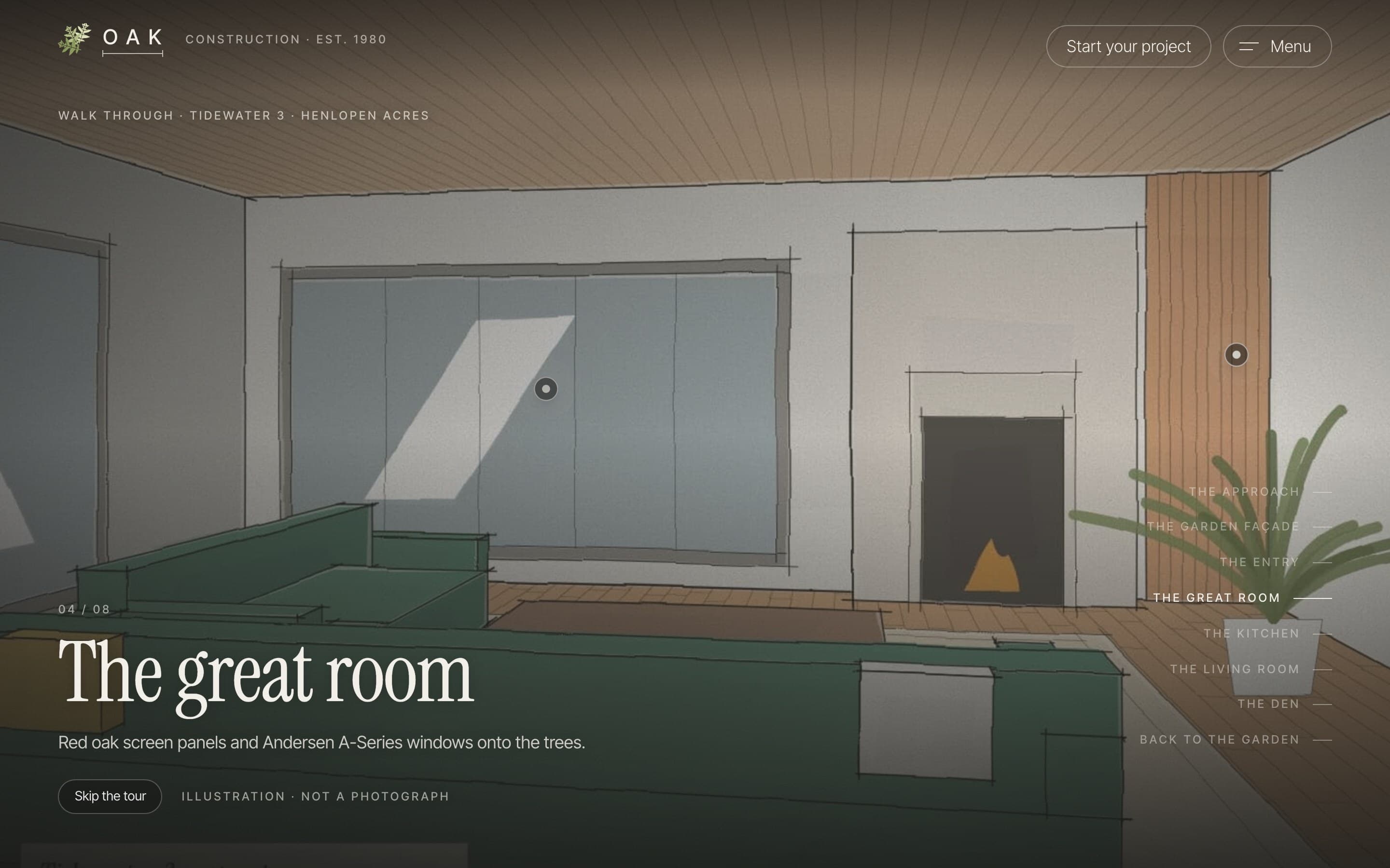 An illustration of the Tidewater 3 great room: green sofa, red oak screen panel, fireplace and tall windows.