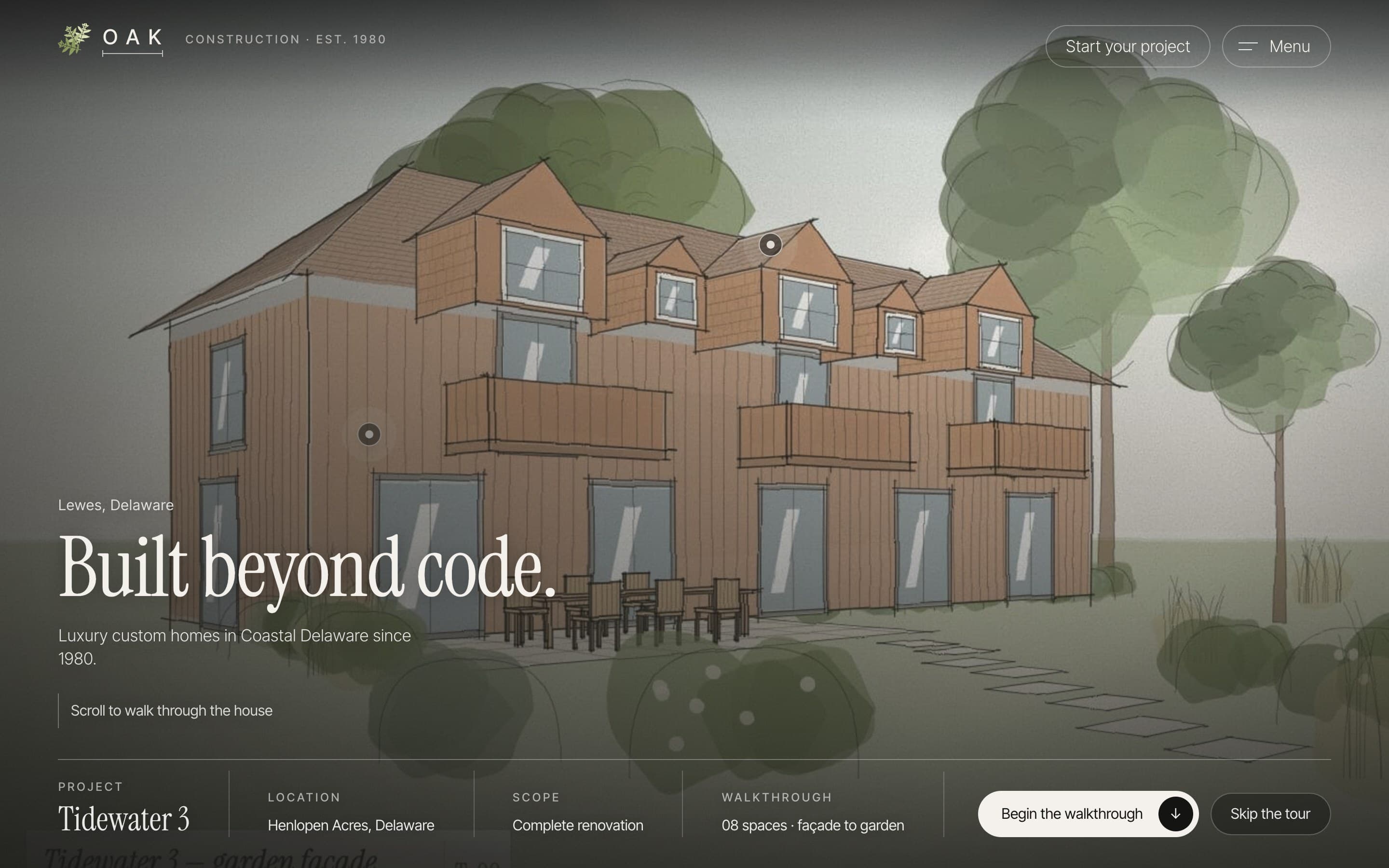 An illustrated cedar home among trees, titled “Built beyond code.”