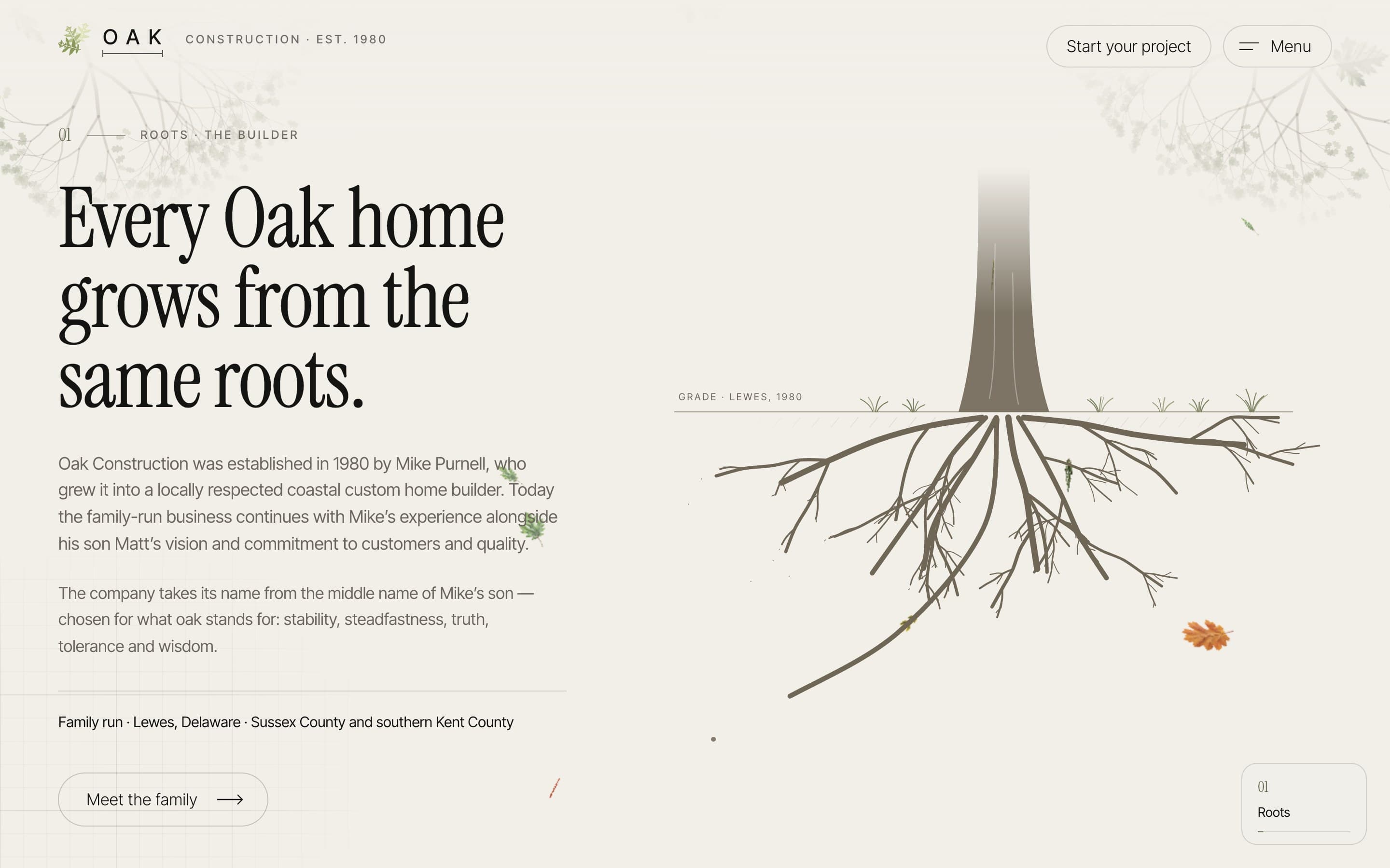An engraved oak trunk with an intricate root system beneath a grade line, beside the heading “Every Oak home grows from the same roots.”