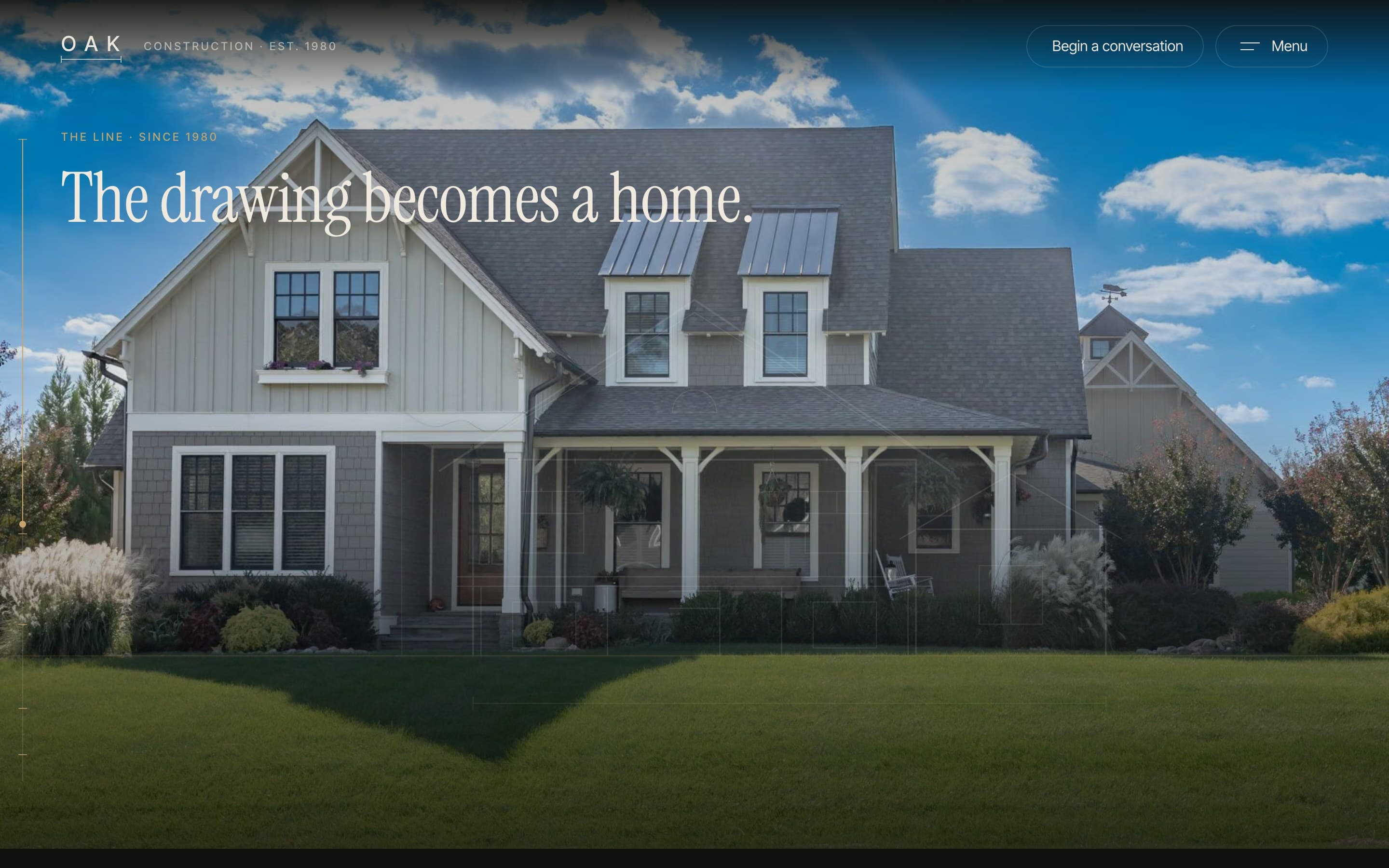 A photograph of a grey shingled house with a front porch under a blue sky, titled “The drawing becomes a home.”