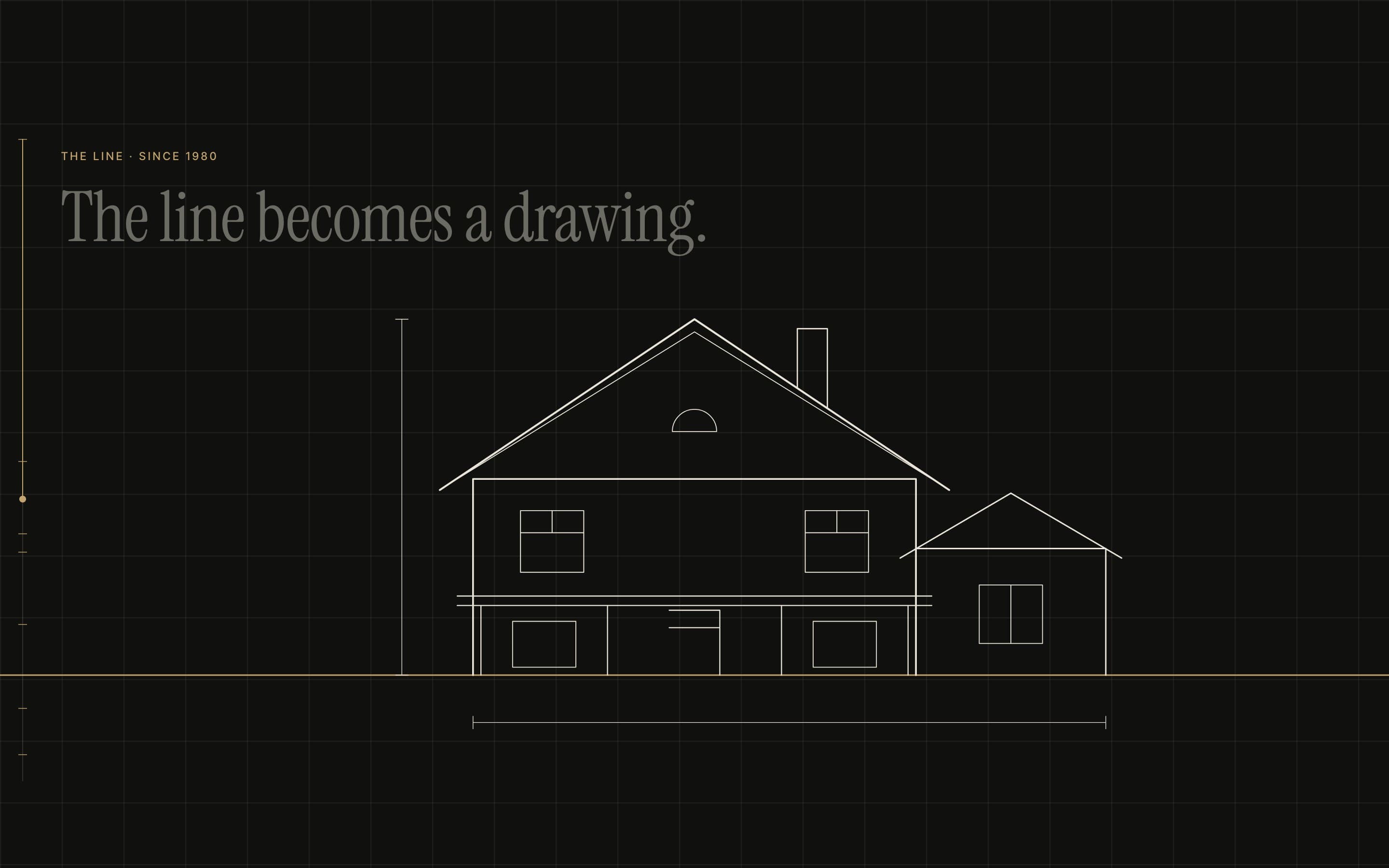 A fine line drawing of a two-storey house on a dark graphite page, titled “The line becomes a drawing.”